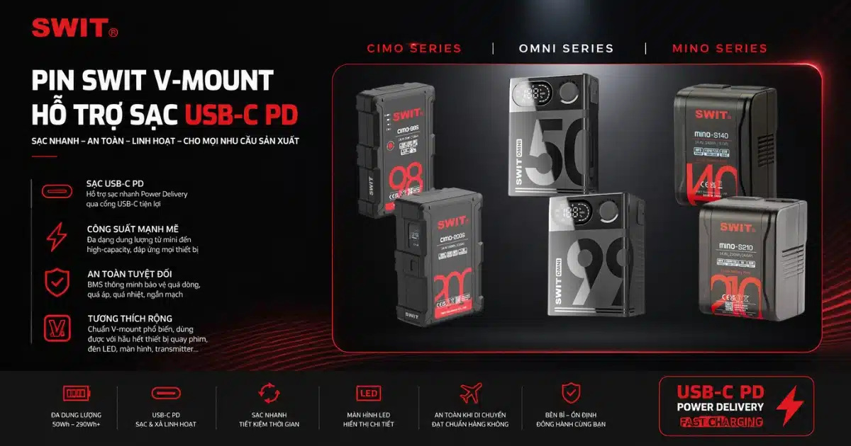 Pin V-Mount SWIT Sạc USB-C PD: So Sánh CIMO, OMNI, MINO