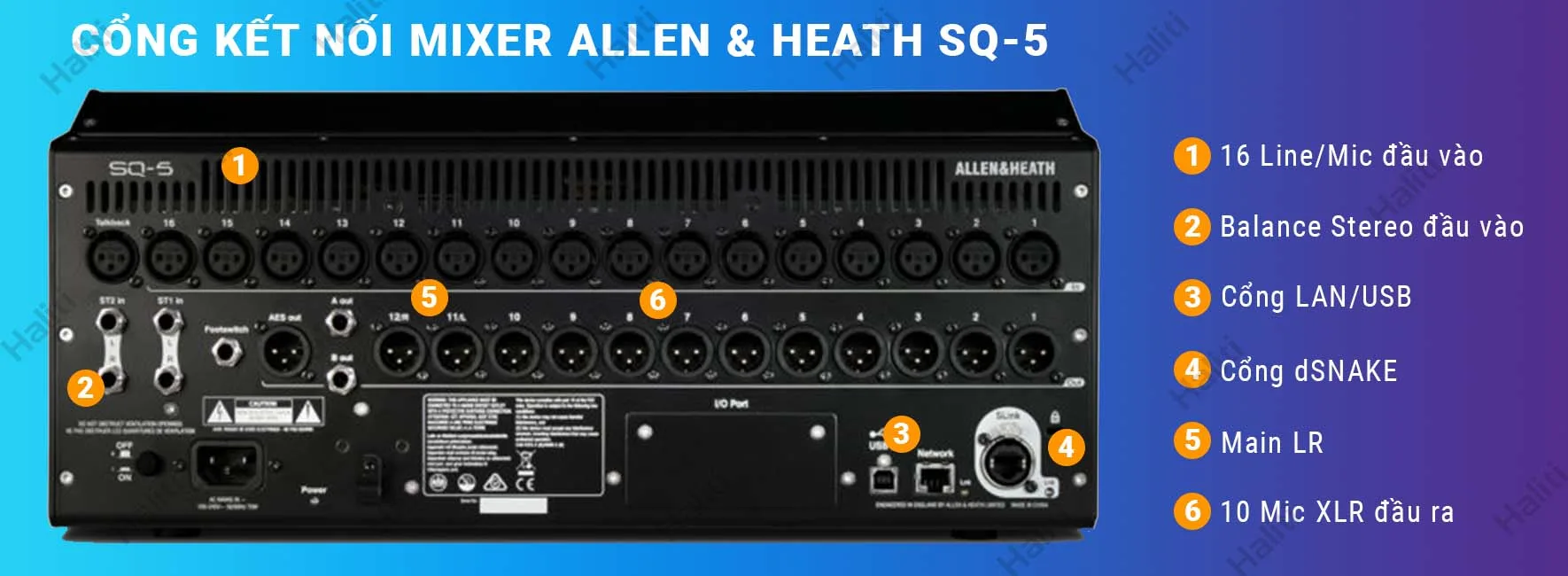 mixer allen heath sq-5 cổng kết nối mặt sau