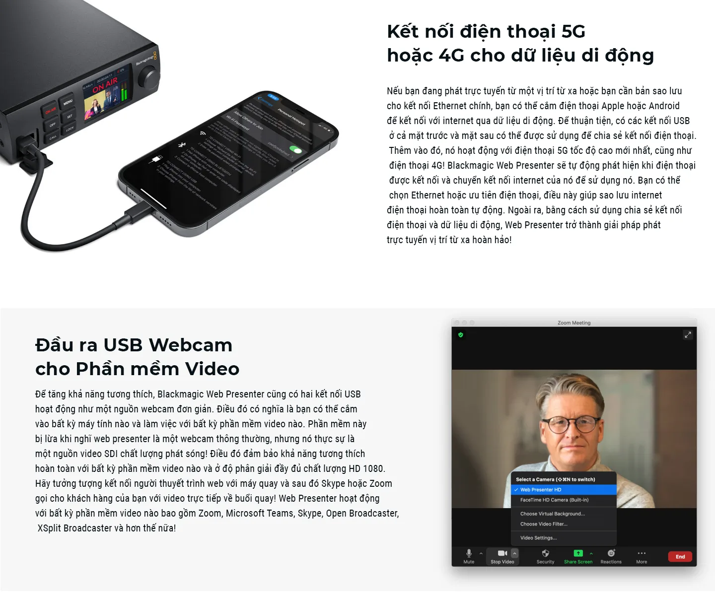 Blackmagic Web Presenter HD/ 4K kết nối 4G/5G cho dữ liệu di động. Đầu ra USB webcam cho phần mềm Video