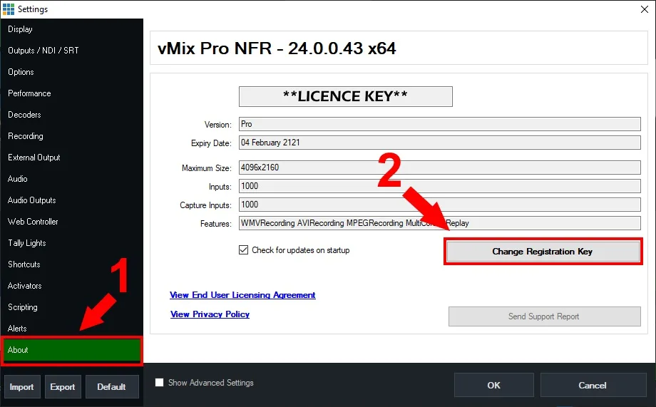 Thay đổi và nâng cấp key Active phần mềm vMix