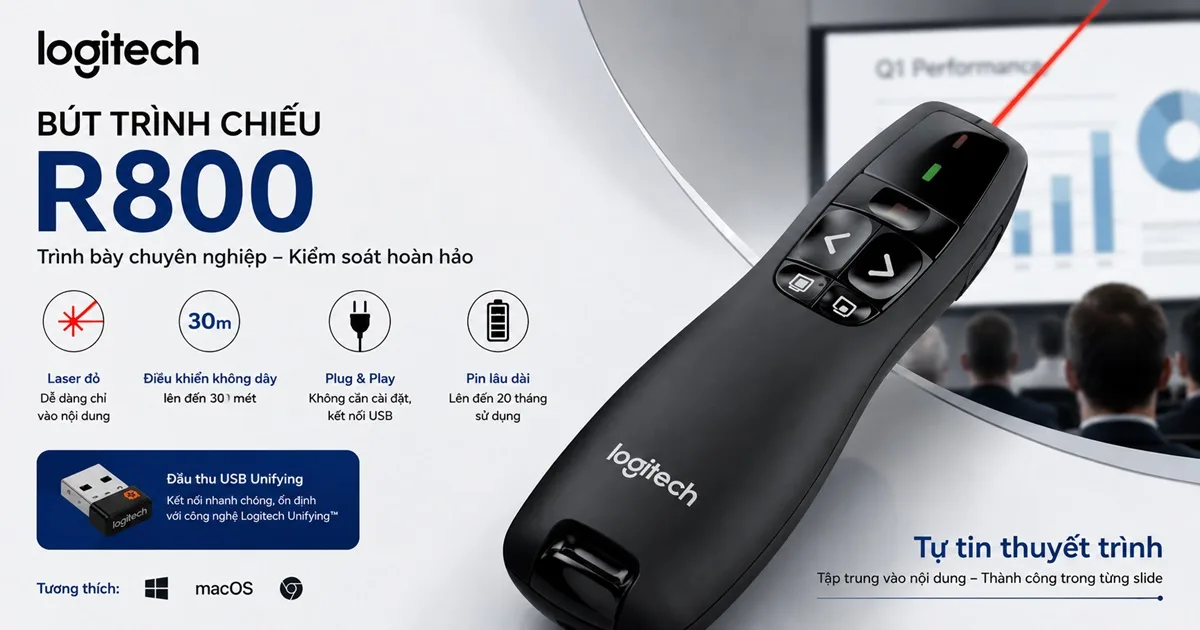 Logitech R800 Professional Presenter — Laser Xanh, Màn Hình LCD