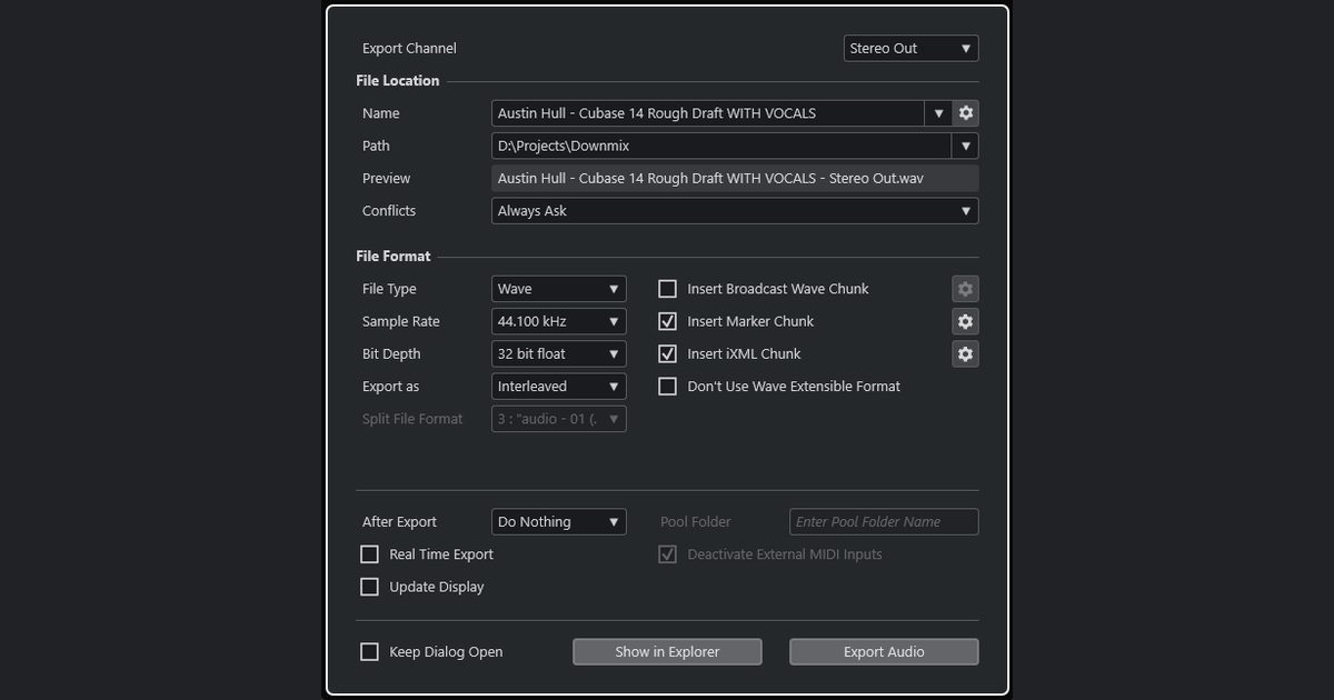Minh hoạ hộp thoại Export Audio Mixdown trong Cubase AI